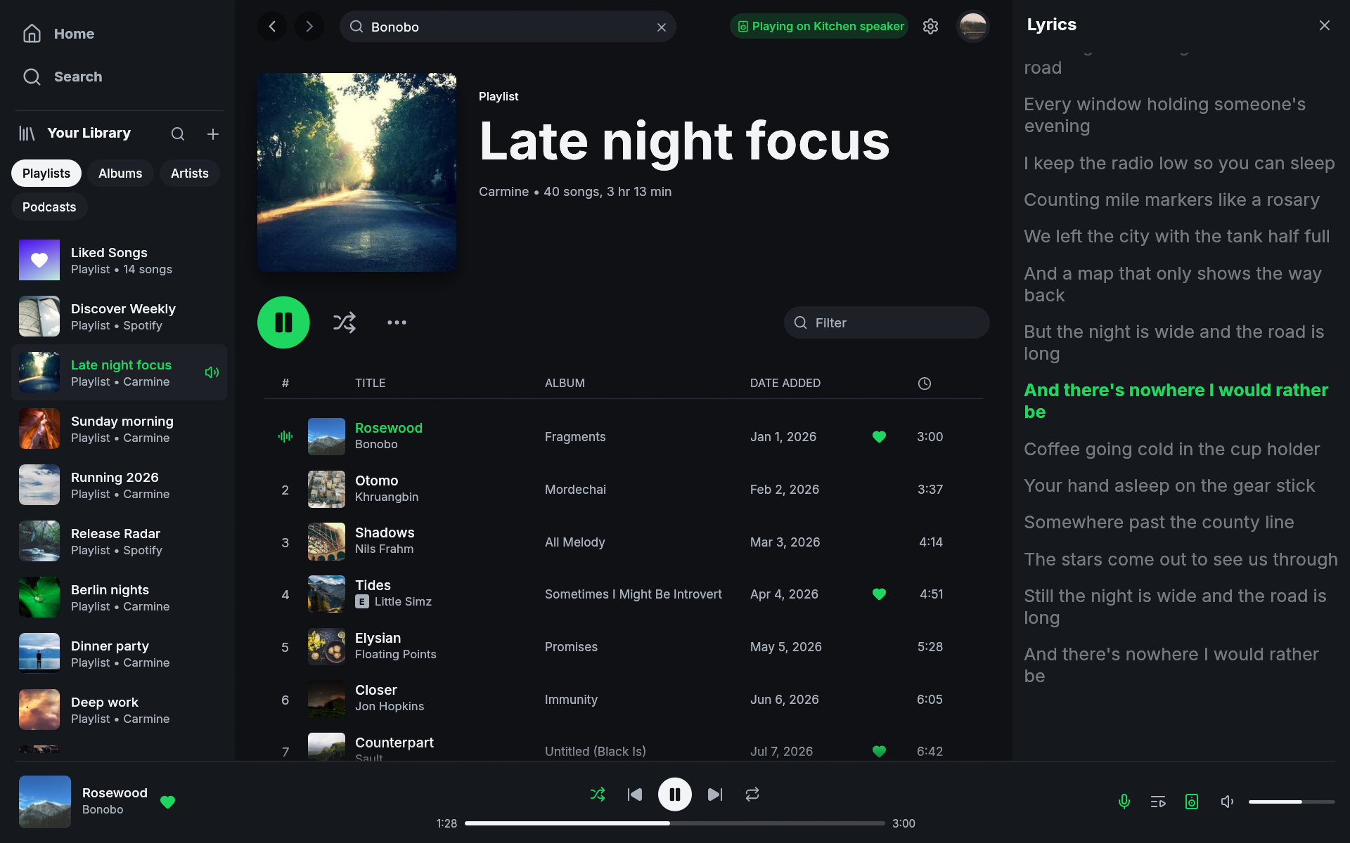 Fastpotify Spotify playlist Late night focus with lyrics panel
