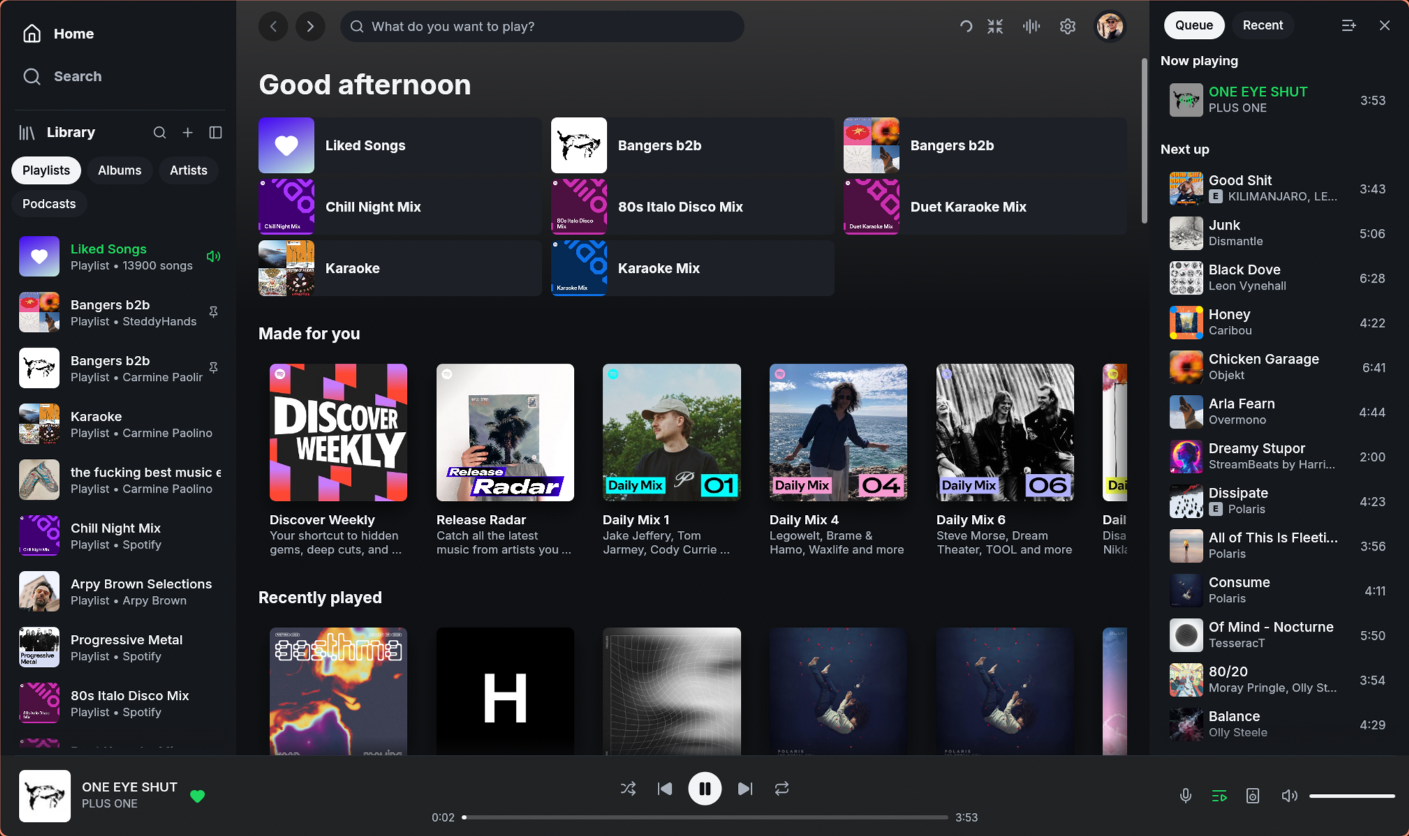 Fastpotify Home with playlist library, Made for you, queue, and player