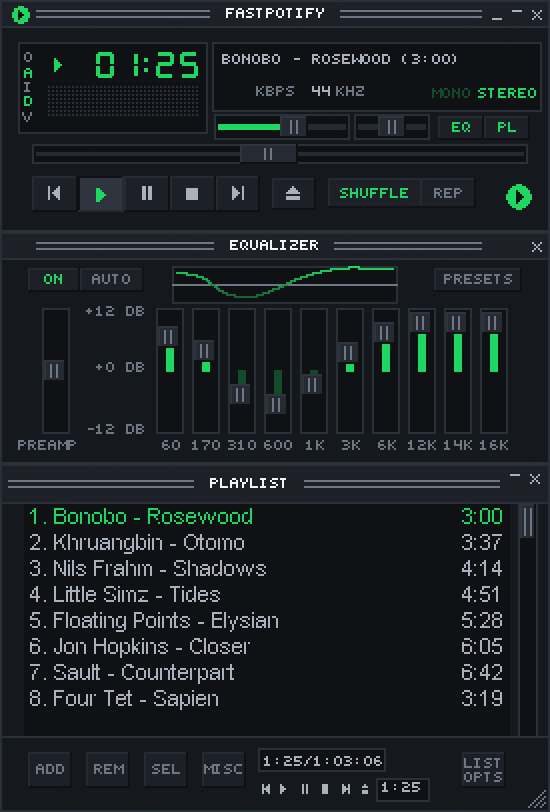 Fastpotify Winamp mini player, equalizer, and playlist